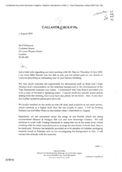 [Letter from Gallaher Group Plc to P Robinson regarding development of the Tlais Enterprises business]