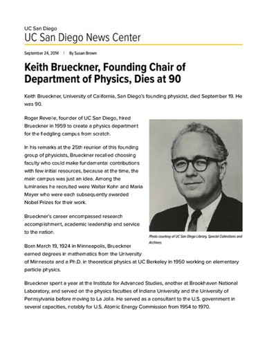 Keith Brueckner, Founding Chair of Department of Physics, Dies at 90