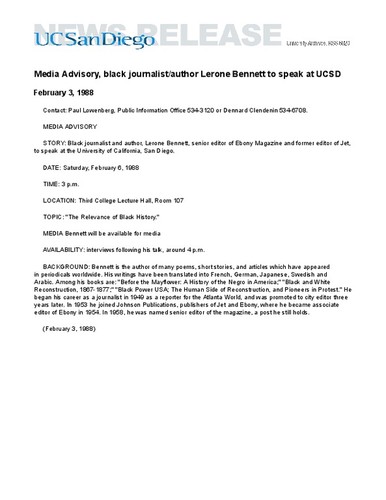 Media Advisory, black journalist/author Lerone Bennett to speak at UCSD