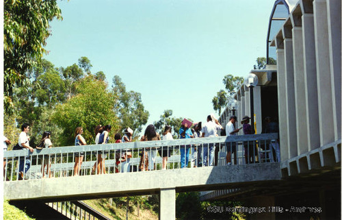 Students line up on bridge to the Loker Student Union