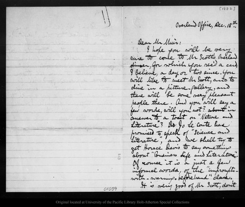 Letter from Milicent W. Shinn [Editor Overland] to John Muir, 1882 Dec 18