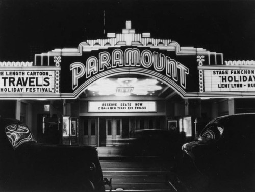 Paramount Theater marquee at night