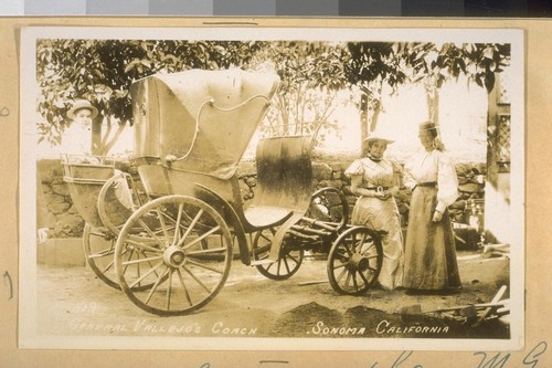 The Old Coach of Gen M.G. Vallejo at Sonoma, Calif. The lady next to the Coach is his daughter, Mrs. Louisa Vallejo Emparan