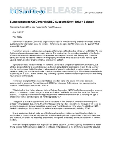 Supercomputing On Demand: SDSC Supports Event-Driven Science--Pioneering System Offers New Resources for Rapid Response