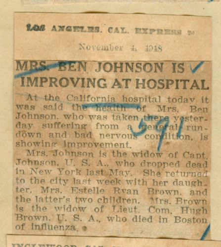 Mrs. Ben Johnson is improving at hospital