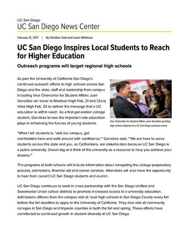 UC San Diego Inspires Local Students to Reach for Higher Education