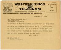 Telegram from Julia Morgan to William Randolph Hearst, September 16, 1925