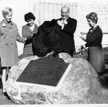 Irene Simpson Neasham unveiling plaque for 'The Conservatory' in San Francisco with Mayor Joe Alioto, November, 1970