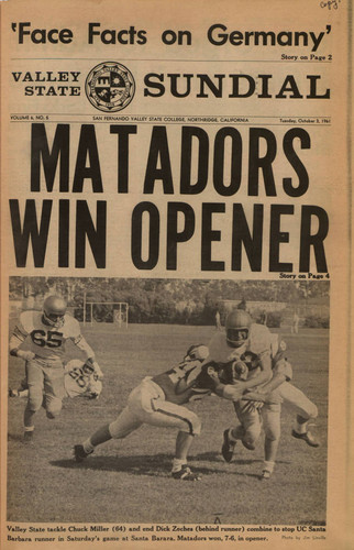 Front page of the Sundial, "Matadors Win Opener," October 3, 1961