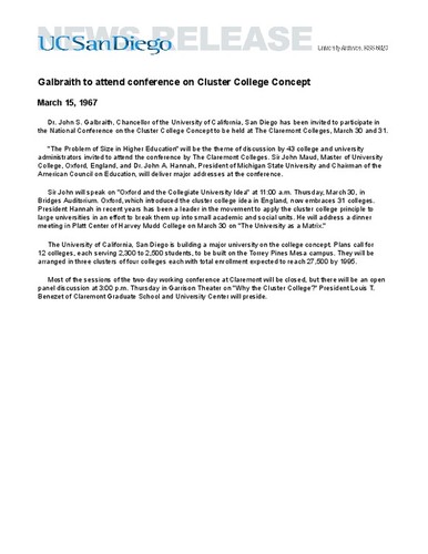 Galbraith to attend conference on Cluster College Concept