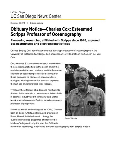 Obituary Notice--Charles Cox: Esteemed Scripps Professor of Oceanography