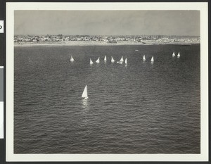 Aerial view of sailboats in ocean, Long Beach, August 1933