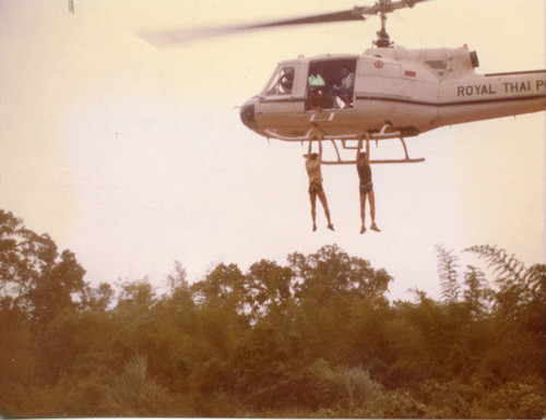 Jack Verbois and Chuck Waters hanging from a helicopter for "The Deer Hunter" (3)