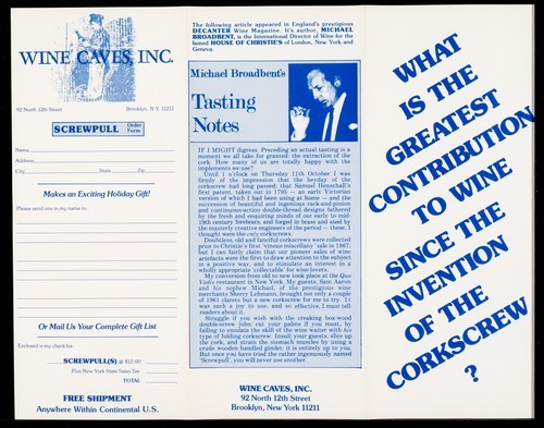 December 1978: Mailing (Two mailings: "To a Gay and Festive Holiday"/"What is the Greatest Contribution to Wine Since the Invention of the Corkscrew?"