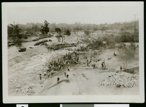 Birdseye view of the Arroyo Seco channel construction north of York Boulevard, December 7, 1933