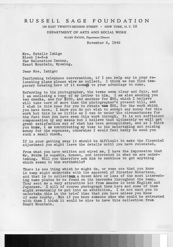 Letter, 1945 November 6, New York, N.Y. to Mrs. Estelle Ishigo, Heart Mountain, Wyoming