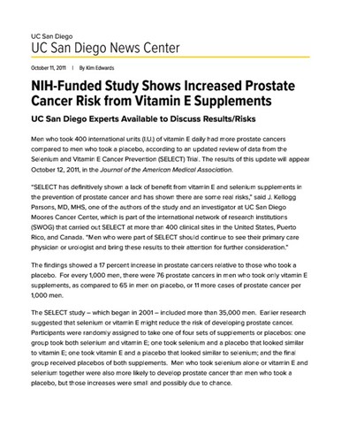 NIH-Funded Study Shows Increased Prostate Cancer Risk from Vitamin E Supplements