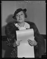 Mrs. Etta Sax, who asked $1,500,000 in damages from Universal Pictures for allegedly stealing her story, Los Angeles, 1935