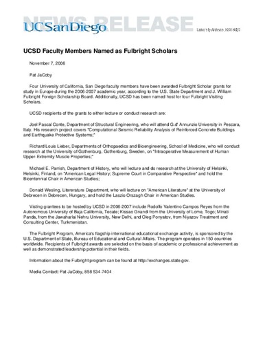 UCSD Faculty Members Named as Fulbright Scholars
