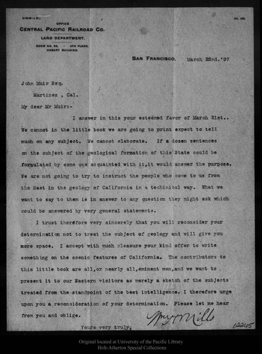 Letter from Wm H. Mills to John Muir, 1897 Mar 22