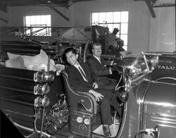 Petaluma Mayor Arthur W. Parent at the wheel of a fire engine, Petaluma, California, about 1958