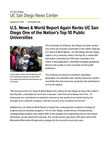 U.S. News & World Report Again Ranks UC San Diego One of the Nation's Top 10 Public Universities
