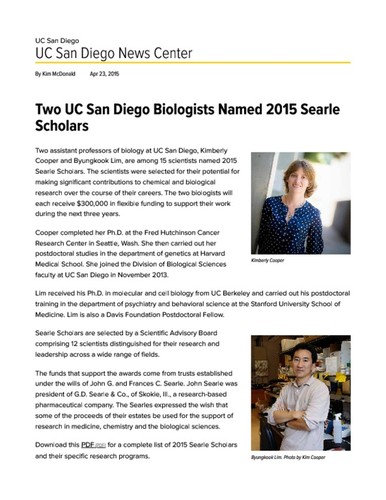 Two UC San Diego Biologists Named 2015 Searle Scholars