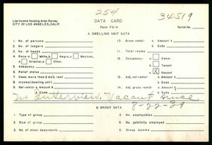 WPA Low income housing area survey data card 254, serial 34519, vacant
