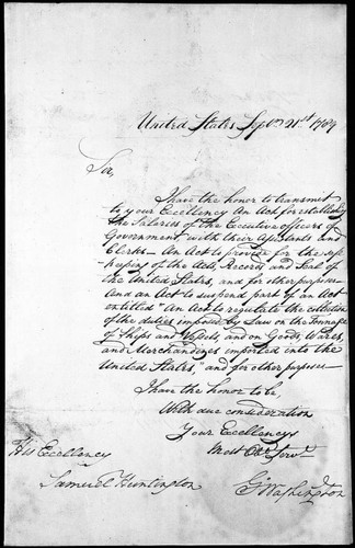 Letter to from George Washington to Governor Samuel Huntington of Connecticut, September 21st 1789