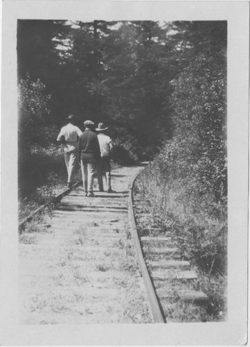 Three men walking on railroad track