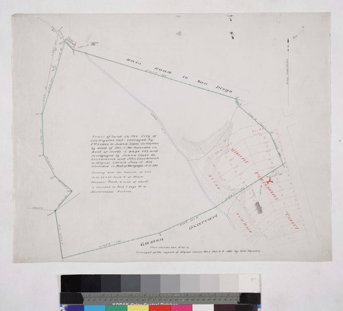 Tract of land. conveyed by F.co Lopez to Juana Lopez de Warren by deed of Dec. 4. 1861. and mortgaged by Juana Lopez de Lazzarovich and John Lazzarovich to Miguel Leonis June 19, 1876 : showing also the location of Lots 19. 20. 22 & 24 Block Y of Mount Pleasant Tract