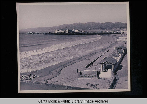 Tide studies at the Santa Monica Pier photographed from the Del Mar Club showing the Pico-Kenter storm drain in foreground with tide 3.8 feet on January 10, 1939 at 10:20 AM