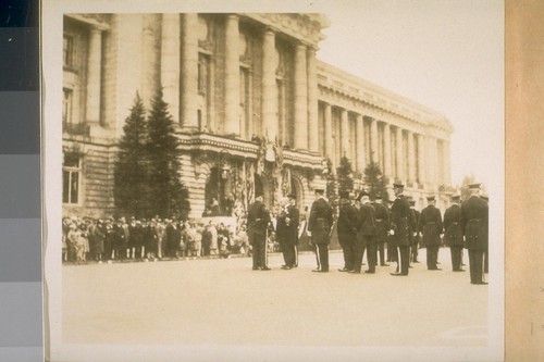 Nov. 3/28. The same inspection--S.F. [San Francisco] Police Dept. in front of the City Hall on the Polk St. side. Mayor Jas. Rolph Jr. inspecting an Officer
