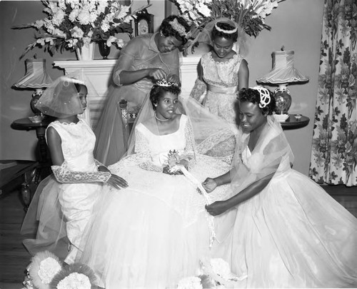 Bride with bridesmaids, Los Angeles, 1958