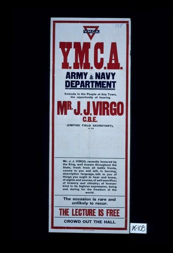 Y.M.C.A. Army and Navy Department extends ... the opportunity of hearing Mr. J. J. Virgo