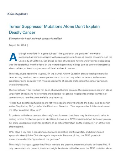 Tumor Suppressor Mutations Alone Don't Explain Deadly Cancer