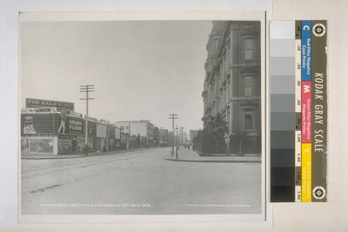 Looking out Hayes St. [at Van Ness]. St. Ignatius College and Church on right. Campaign sign for William Langdon. [October 15, 1905. Photograph by Turrill & Miller]