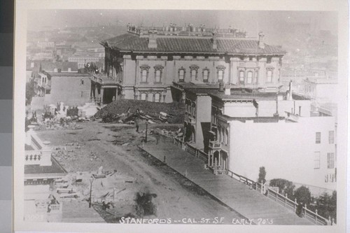 Leland Stanford home, California St., 1870s. (Excavations begun prior to building Mark Hopkins home.) Flood home, extreme left. [No. 3093.]