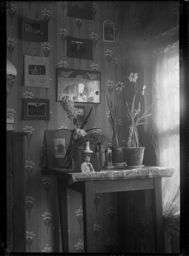 [Small table displaying portraits, flowers, and other items.] [negative]