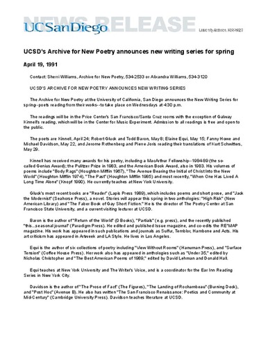 UCSD's Archive for New Poetry announces new writing series for spring
