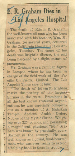 E. R. Graham dies in Los Angeles Hospital