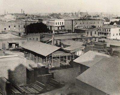 Stockton - Streets - circa 1890s: Looking southeast Commerce St. and Main St. Globe Iron Works, A. Ross Colombo Hotel