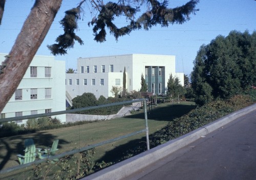Scripps Institution of Oceanography campus, building with blue tile on the front entrance is the Thomas Wayland Vaughan Aquarium-Museum (1951 building). December 1958