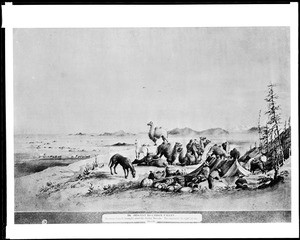 Drawing by Vischer of a campsite with camels above the Carson Plains, Nevada, ca.1860-1865