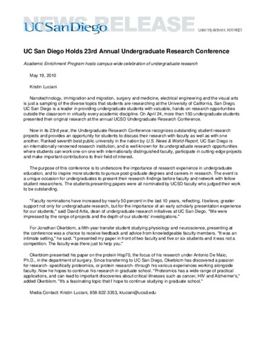 UC San Diego Holds 23rd Annual Undergraduate Research Conference--Academic Enrichment Program hosts campus-wide celebration of undergraduate research