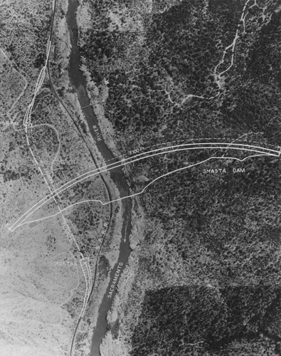 Shasta Dam site marked on aerial view
