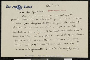 Harry Carr, letter, 1934-04-23, to Hamlin Garland