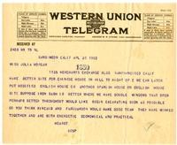 Telegram from William Randolph Hearst to Julia Morgan, April 30, 1922