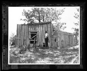 Man standing in front of a ramshackle saloon in Sawmill Flat, ca.1930