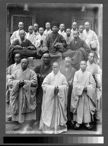 Monks outside temple, Mount Emei, Sichuan, China, 1906